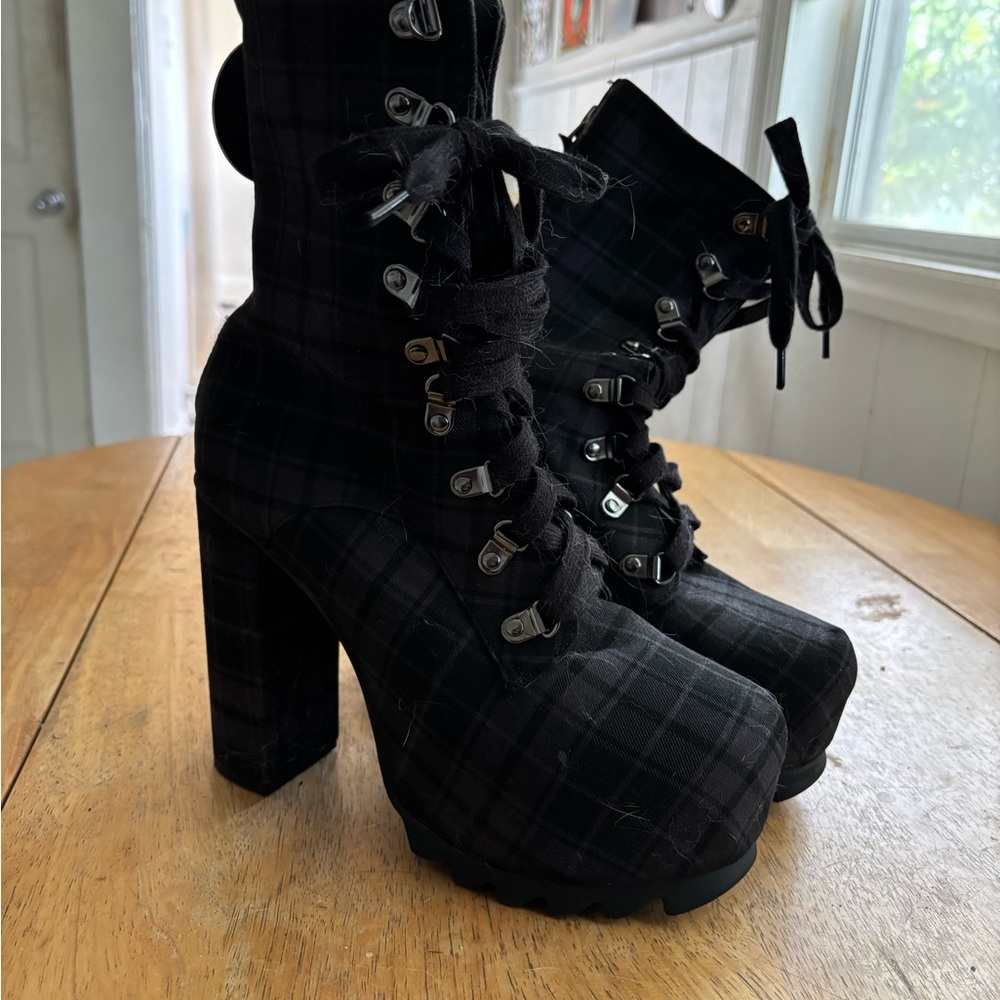 Killstar Black Plaid Women's Boots with moon zippers